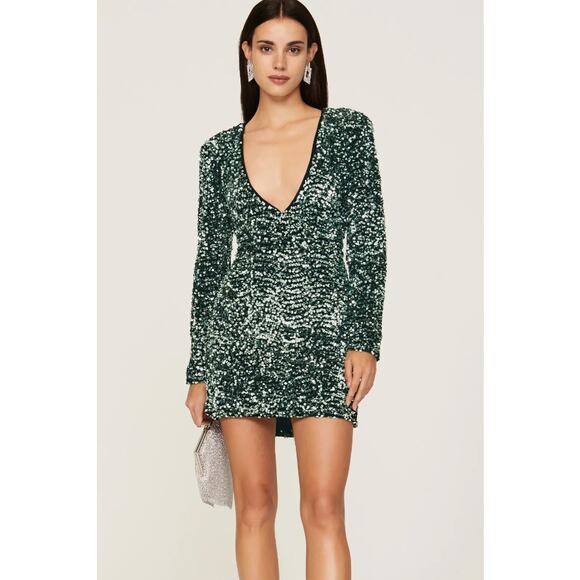 BARDOT Women's Lilia Sequin Mini Dress Medium Vivid Green Long Sleeve NWT - Picture 1 of 14
